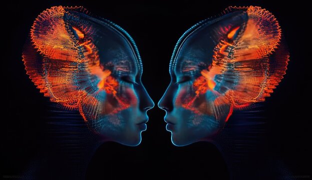 Dual abstract faces, vibrant colors,  futuristic