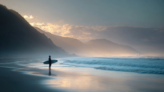 Surfer standing on sandy beach holding surfboard looking toward ocean waves under cloudy sunset sky with mountains in background creating serene atmosphere ideal for relaxation. - Powered by Adobe