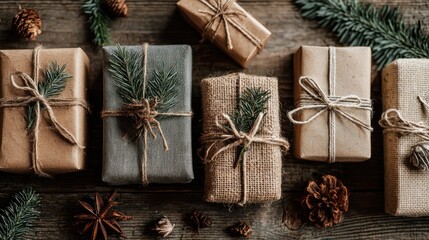Rustic Gift Wrapping Arrangement with Natural Elements and Pine