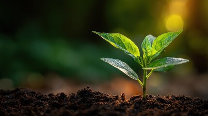 Fresh Green Seedling Emerging from Dark Rich Soil in Natural Light