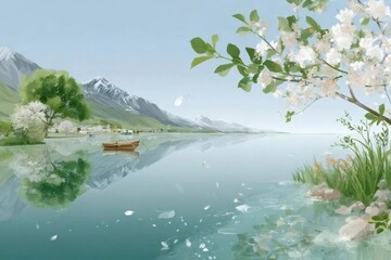 湖畔の白い花の木と山の風景イラスト