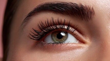 Obraz premium Striking close-up portrait of a woman's eye, featuring long, luscious eyelashes and a serene, captivating gaze.