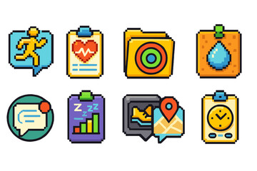 Pixel art icon set for productivity and communication with a retro feel