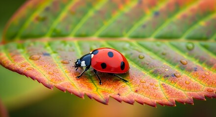 Obraz premium Macro Photography of a Vibrant Ladybug on a Detailed Leaf