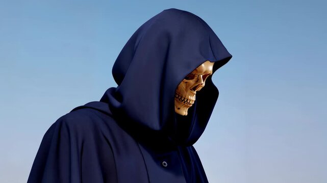 Hooded skeleton stares under clear sky, edgy character portrait blending gothic style, Halloween vibes, and dark conceptual fashion aesthetics.