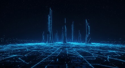 Abstract Glowing Cityscape with Blue Network on Dark Starry Background