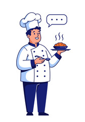 Cartoon vector illustration of a chef or baker in uniform and hat holding a tray with gourmet food 