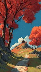 秋の日の山道 寺のシルエット 青空の下で