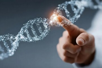 指と光るDNA鎖を持つ科学者 灰色背景