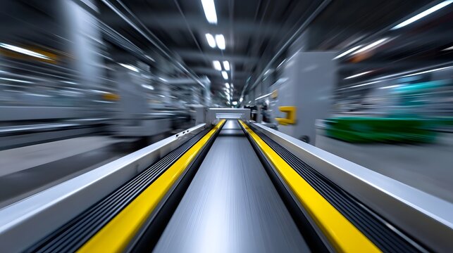 Blurred motion of a high-speed metro or subway train rushing through the interior of a modern, minimalist station with linear rails and lighting