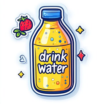 Cartoon bottle of drink water, decorated with a strawberry and sparkle elements