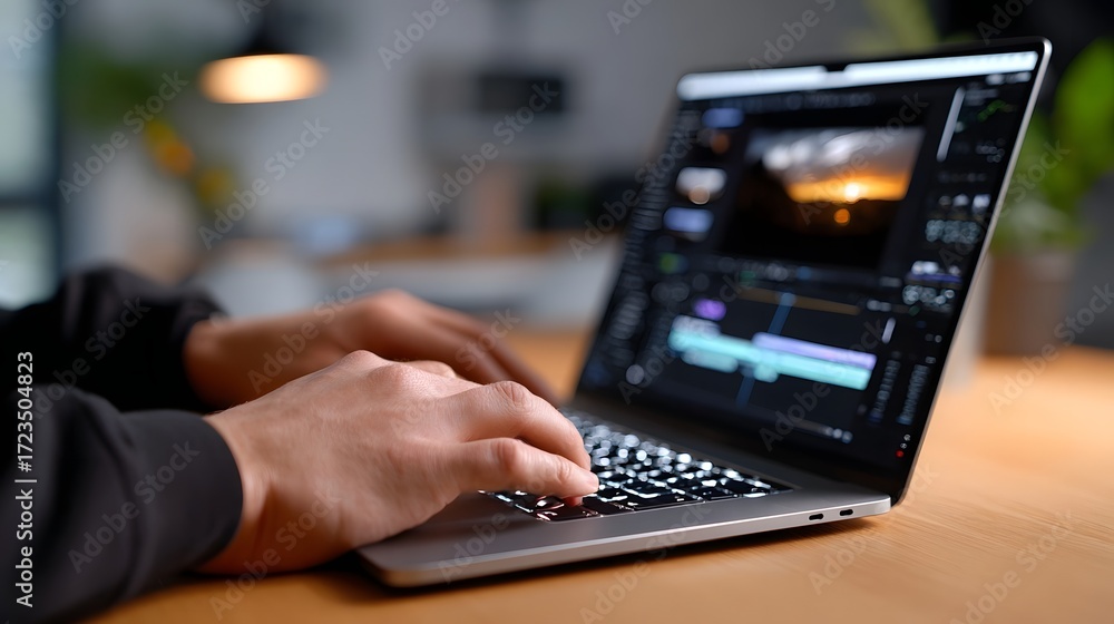 Poster close-up view of a person's hands typing on a laptop computer in a contemporary, minimalist office s