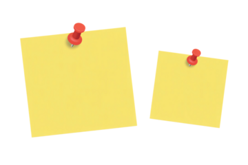 Two yellow sticky notes pinned with red thumbtacks on a plain black background illustration on transparent background