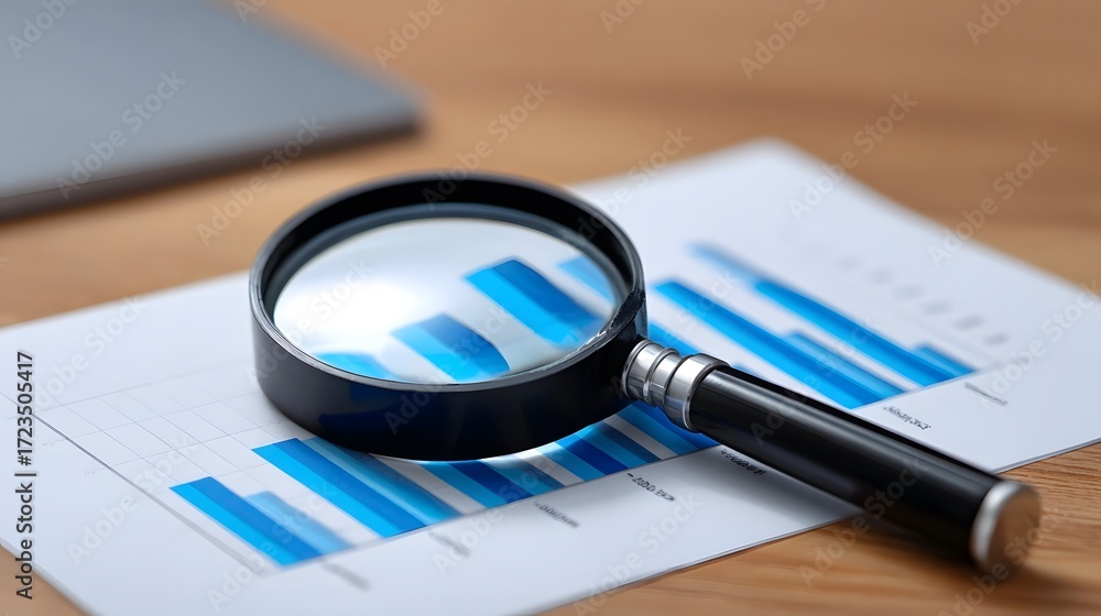 Poster closeup view of a magnifying glass hovering over financial charts and graphs, symbolizing the carefu