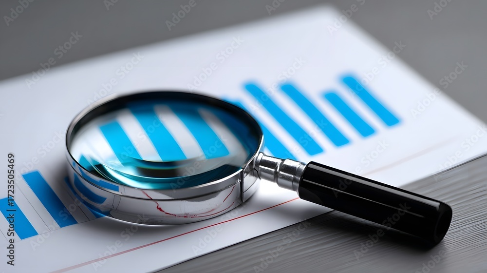 Poster close-up view of financial charts and graphs under a magnifying glass, indicating thorough data anal