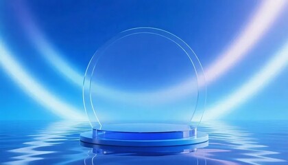 青い背景の空のリングと青いステージ上抽象ディスプレイ
