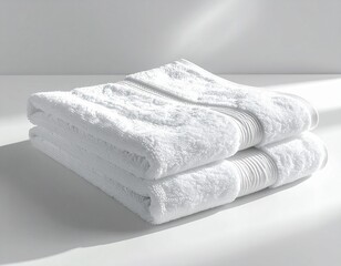 "Close-up of a neatly folded white cotton towel laid flat on a plain white background. Soft studio lighting with natural shadows to highlight texture and stitching. 1:1 ratio, HD quality."