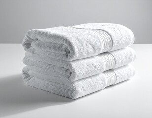 "Close-up of a neatly folded white cotton towel laid flat on a plain white background. Soft studio lighting with natural shadows to highlight texture and stitching. 1:1 ratio, HD quality."