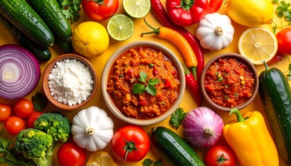 Colorful array of fresh vegetables and spices