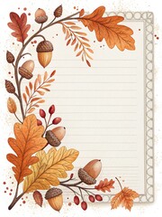 Illustration of autumn leaves, oak branch with acorns on the background of a notebook page