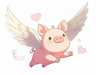 翼を持つピンクの豚のイラストとハートの装飾