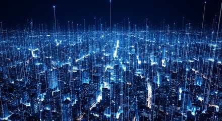 Abstract digital city with glowing blue data streams and connections, representing technology and network