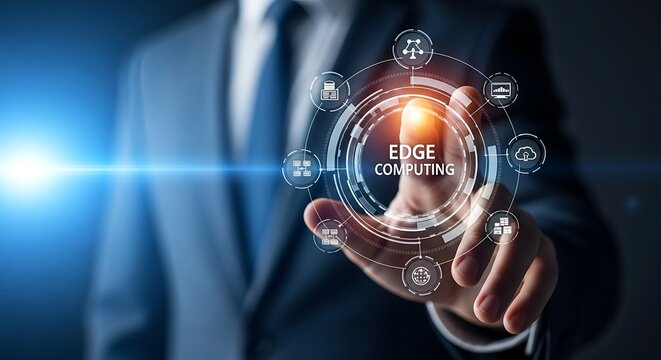 Businessman touching a futuristic interface displaying the concept of edge computing with network icons