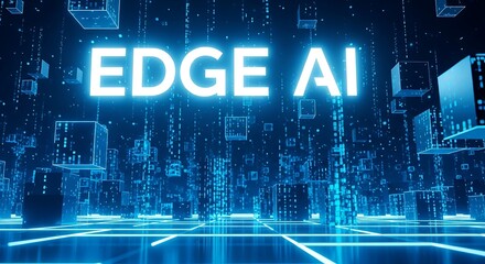 Futuristic glowing blue cityscape with edge ai text, representing artificial intelligence at the network edge