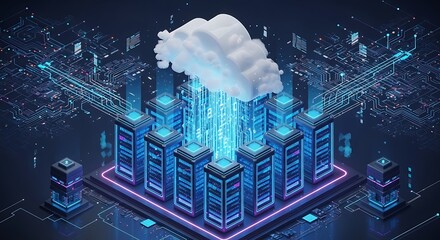 Futuristic cloud computing data center with glowing servers and digital streams