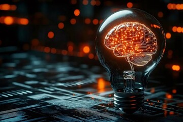 回路脳を持つオレンジ色の電球が技術背景で光る