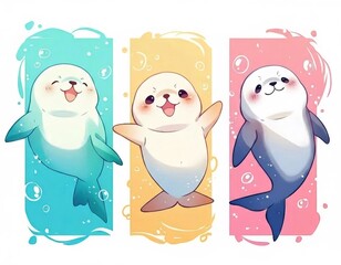 3匹の元気なアザラシの漫画風イラスト