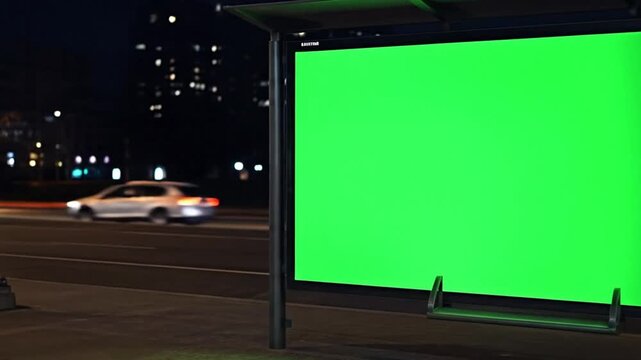 Nighttime Bus Stop Billboard Mockup with Green Screen for Advertisement