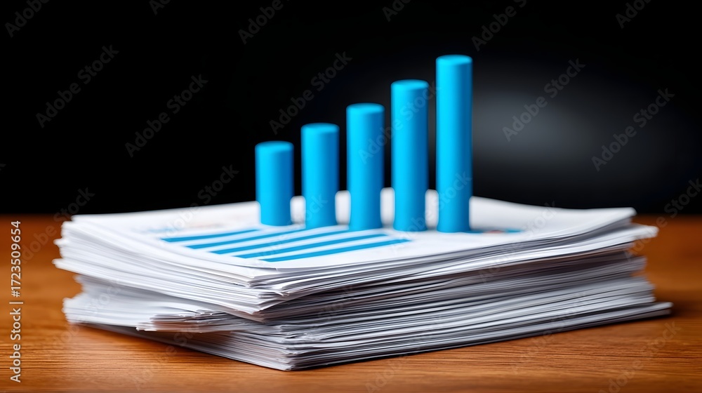 Poster stacks of paper documents with colorful bar graph charts, representing business data analysis and re