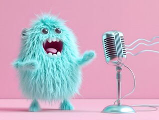 Cute furry monster singing into a shiny microphone on pink backdrop