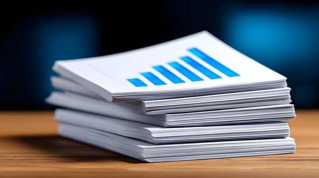 A stack of printed documents and reports containing data visualization elements like charts, graphs, and analytical information on a wooden office desk.