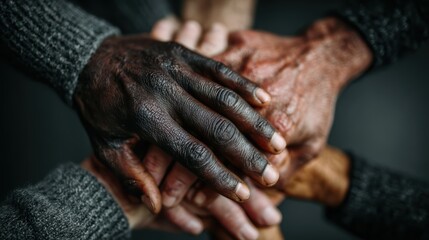 Fototapeta premium Unity and solidarity represented by diverse ethnic hands joined together