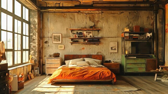 An industrial-style bedroom with pipe shelving neutral tones and large factory-style windows combining functionality with edgy design interior