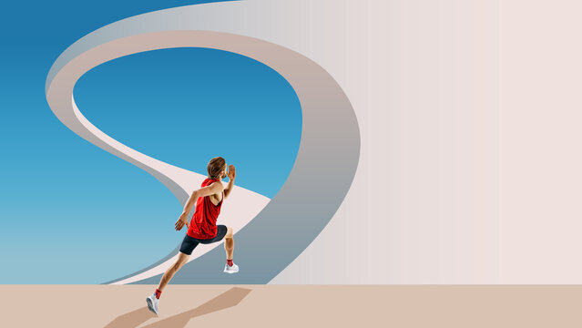 Contemporary collage. Male sprinter running with power on surreal curved track background. Concept of sports branding, advertising, lifestyle fitness, creative campaigns, and dynamic performance.