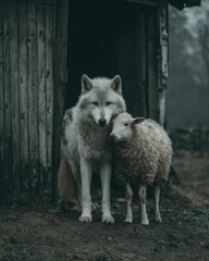 Wolf and sheep standing together in harmony