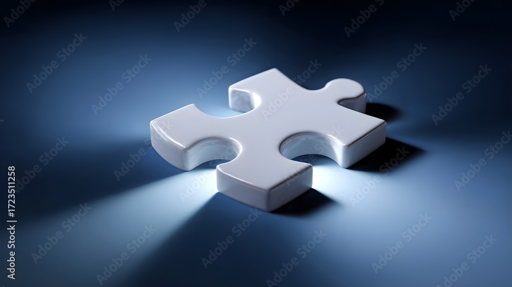 Poster a single white puzzle piece symbolizing the importance of connection, integ n, and finding solutions