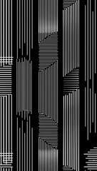 Abstract grayscale artwork featuring various widths and arrangements of vertical lines creating a sense of depth and movement