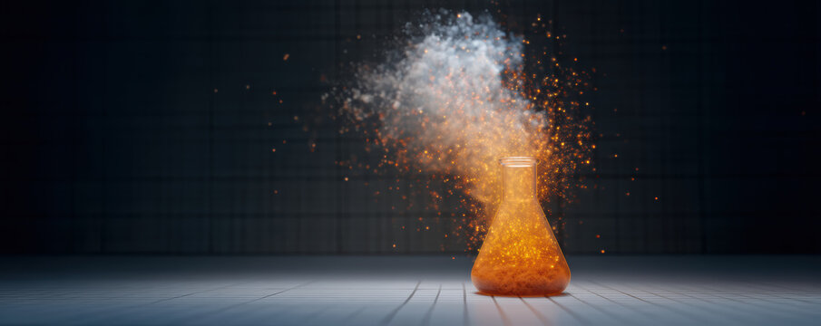  glowing flask emits vibrant particles, creating a magical, colorful explosion, symbolizing creativity and scientific exploration.