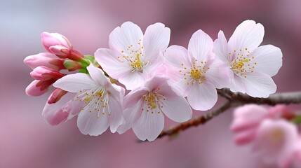 Close-up of beautiful, fragrant pink and white cherry or blossoms blooming on a tree branch in springtime