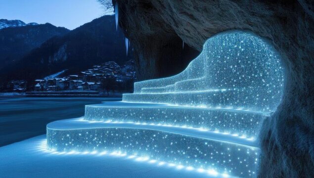 Frozen cave steps illuminated by light