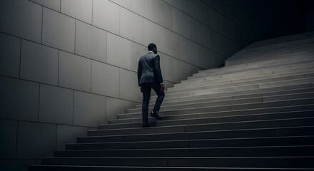 Ambitious businessman climbing stairs towards success career growth leadership achievement goals ambition future potential progress determination motivation climb upward journey