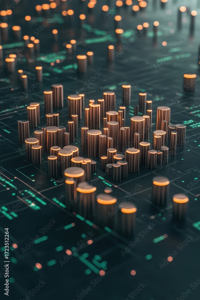 Poster abstract circuit board pattern with glowing orange and green lights representing digital data and fi