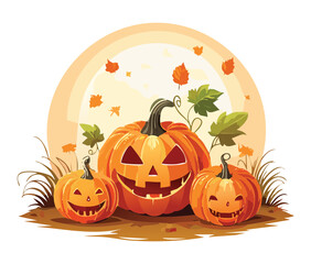 Whimsical autumn scene with a cluster of smiling jack-o'-lanterns and falling leaves, set within a stylized circular fall-themed frame	