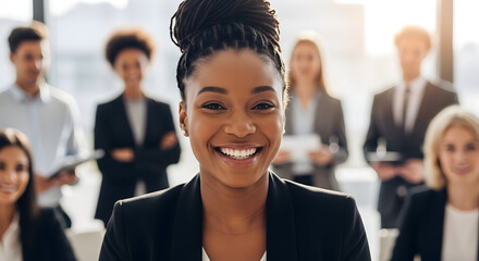 Confident businesswoman smiling successful team leader corporate office portrait diverse employees collaboration achievement success teamwork professional career job businesspeople group portrait