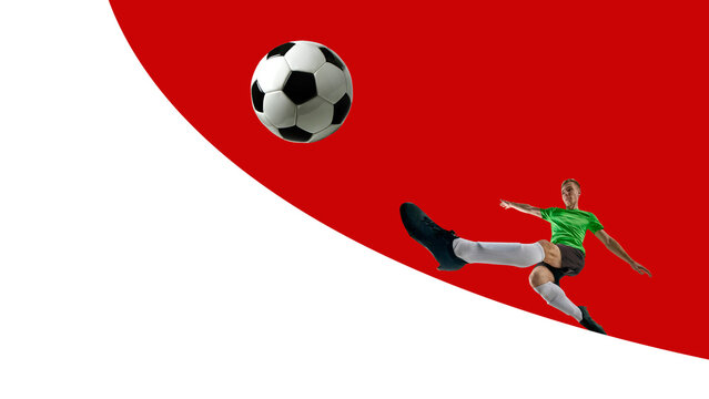 Abstract collage. Dynamic soccer player in green jersey kicking ball with power on red and white field. Concept of sports branding, energy, digital marketing visuals, and athletic lifestyle campaigns.
