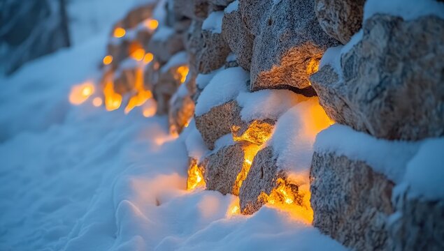 Snowy rocks illuminated by warm light